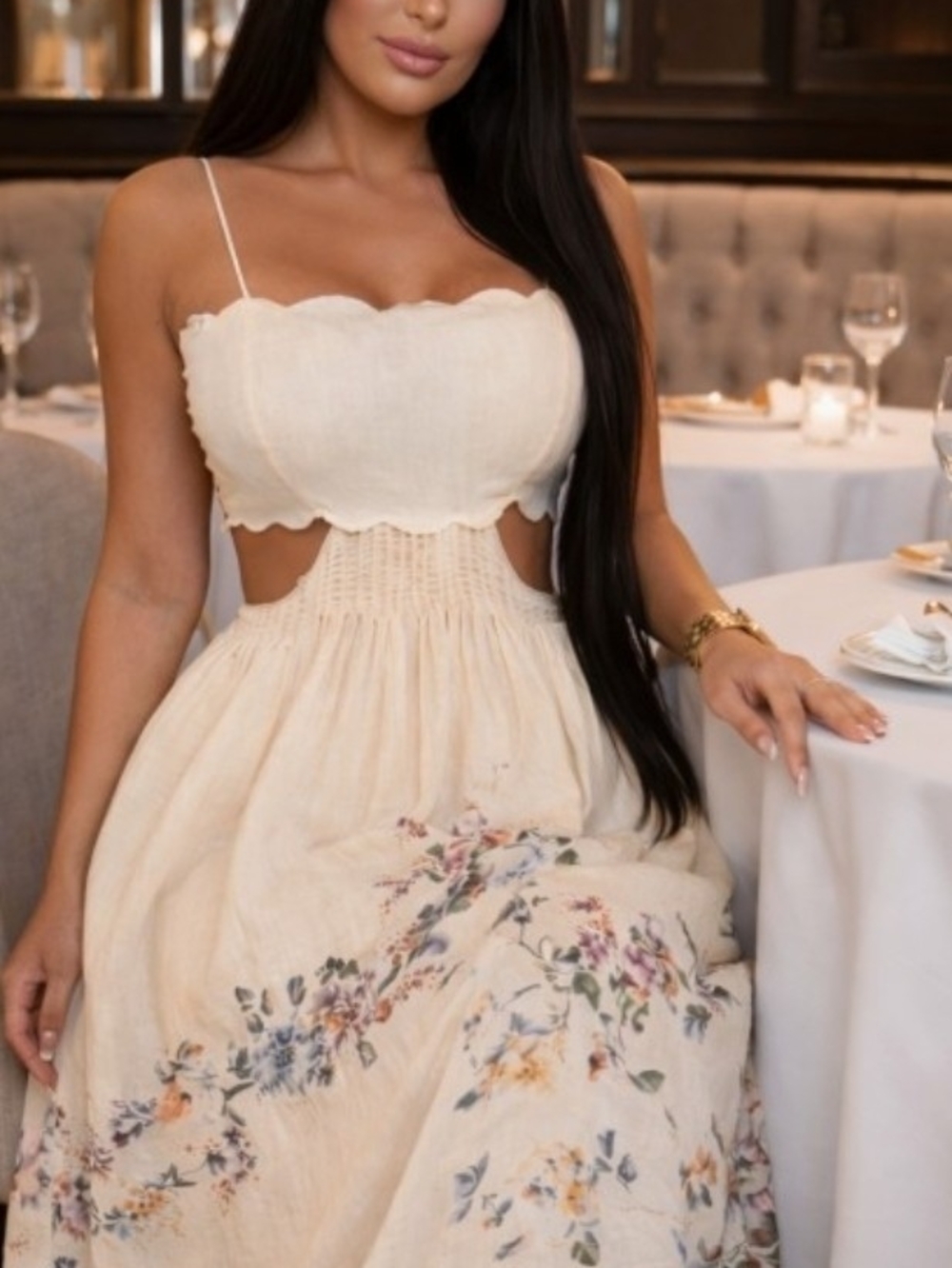 Cream Floral Maxi Dress with Cutout Waist
